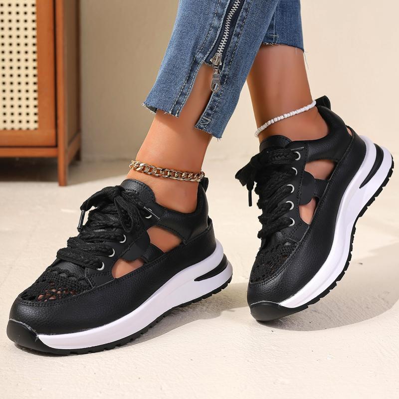 Fashion Fashion Hollow Out Lace Thick Bottom Chunky Sneaker Women 2025 Summer Wedge Heel Lace Up Sneaker Comfortable Casual Shoes Women