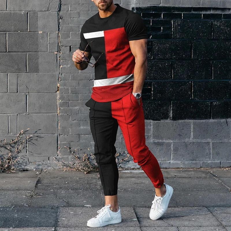 Sommer Männlichen Lose Beiläufige Druck T-shirt Elastische Taille Hosen Set Männer Kurzarm Street Style Pullover T-shirt Jogginghose Homme
