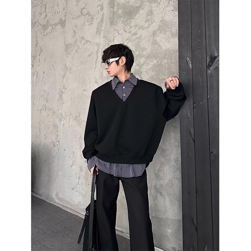 Men's Spring Autumn New Korean Style Niche Stylish Design Fake Two-Piece Spliced Sweatshirt Solid Color Versatile Loose Top