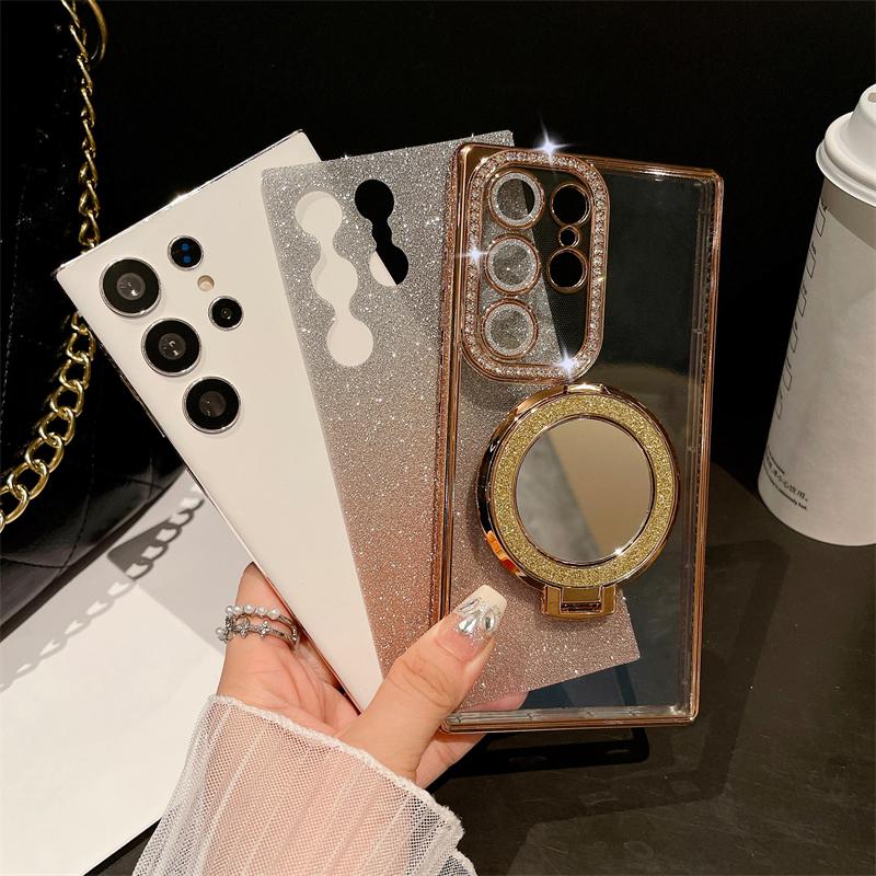 For Samsung Galaxy S23 Ultra Luxury Glitter Mirror Holder Flash Plating Diamond Frame Phone Case For Samsung S22 S24 Plus Cover