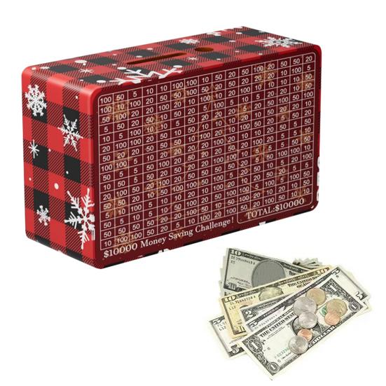Christmas Wooden Money Box with Counter 500/800/1000/3000/5000/10000 USD Piggy Bank Coin Cash Container Kids Adults Money Saving Challenge Case Jar
