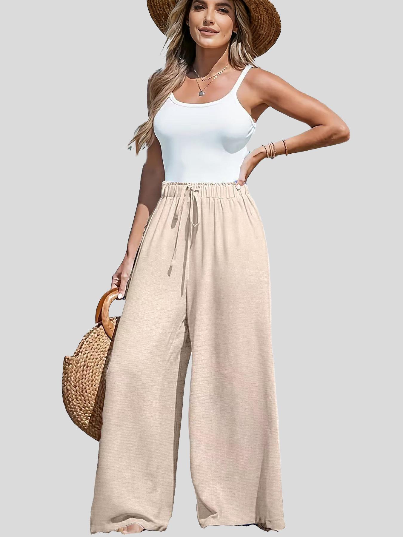 

European & American Women s Cotton Linen Wide Leg Pants with Drawstring - Solid Color, High Waist, Breathable, with Pockets. M