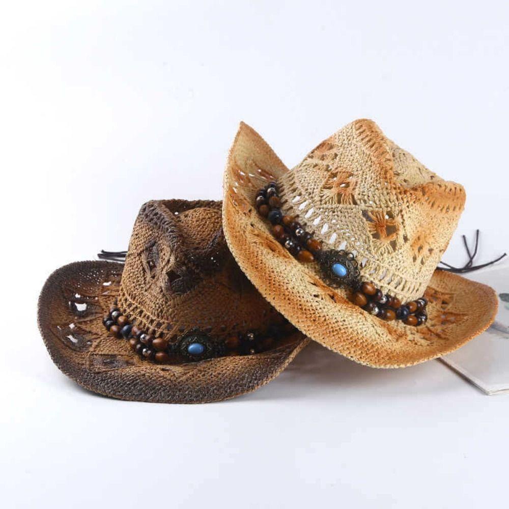 Beads Sunscreen Straw Hat Wide Brim Cowgirl Visor Cap Classic Summer Hat  Ladies