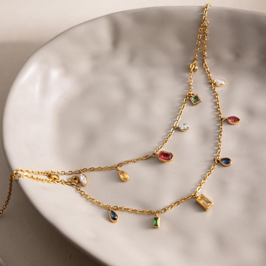 Wonderswan 18K Gold-Plated Stainless Steel Geometric Zircon Double Layer Necklace - Colorful & Luxurious for Women