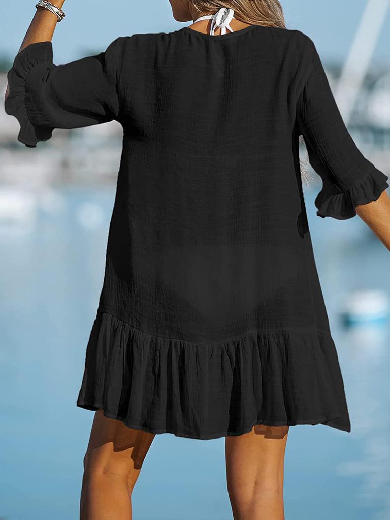 2023 Summer V-neck Ruffle Beach Dress: Solid Color, Sun Protection Cover-up for Women