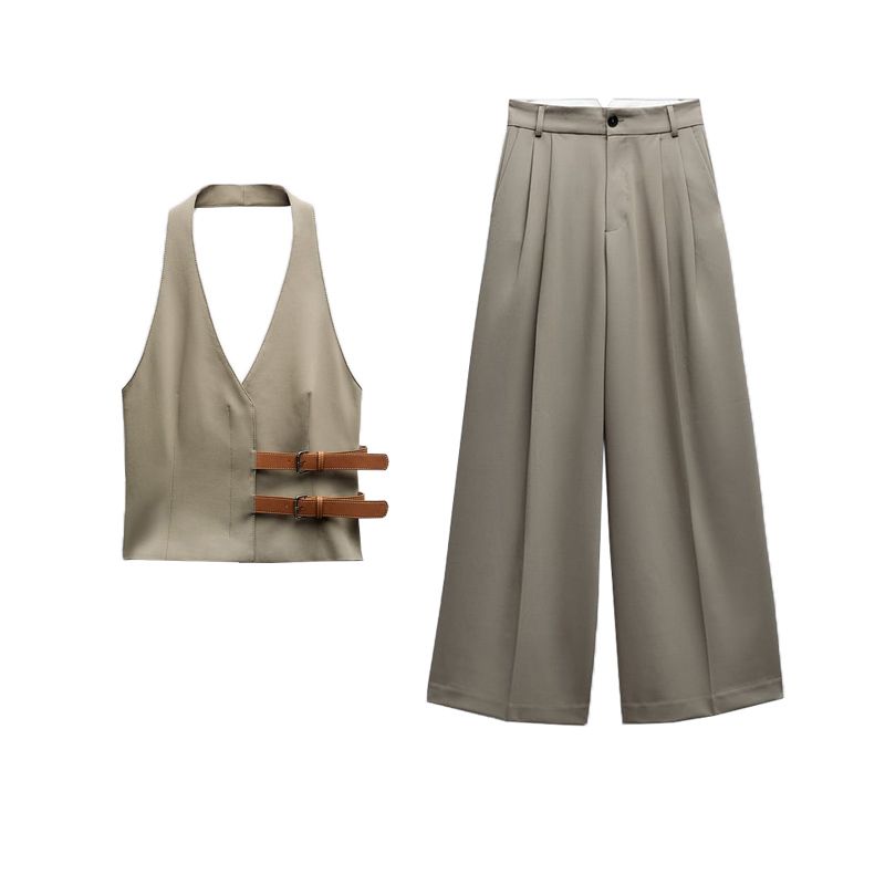 Spring New French style Design With Belt Halter Collar Vest Style Top 1255882 Pleated Pants 4391412