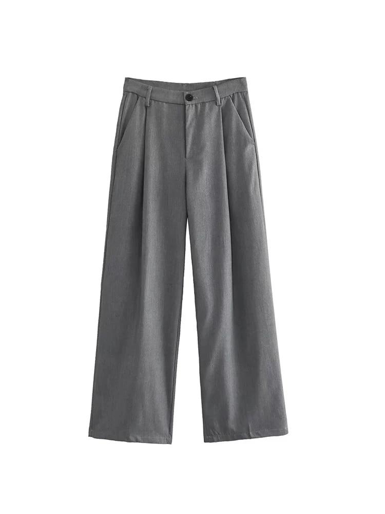 Pantalones informales de pierna ancha plisado para Mujer, pantalón Vintage de cintura alta con cremallera, pantalón largo completo con bolsillo y botones para oficina