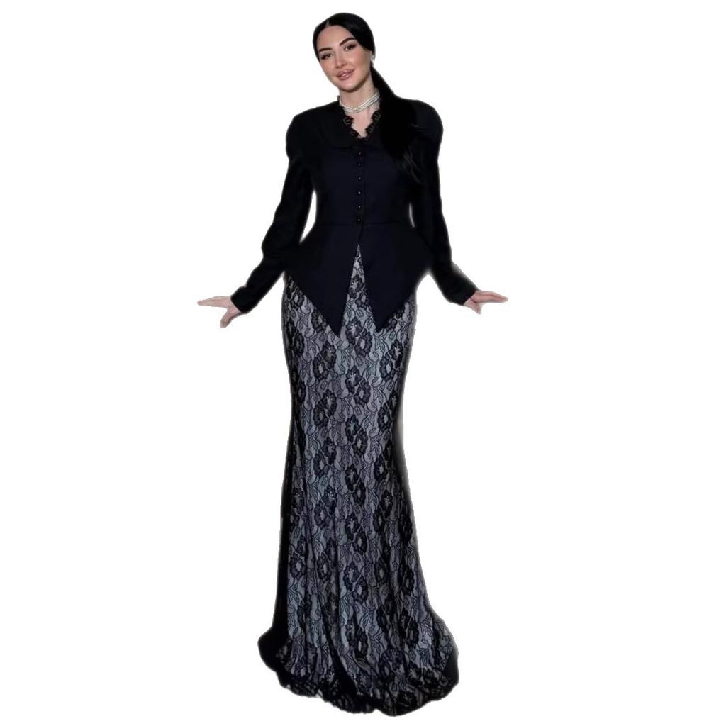 Cross-border European and American women's clothing Amazon casual button V-neck top celebrity fashion lace skirt