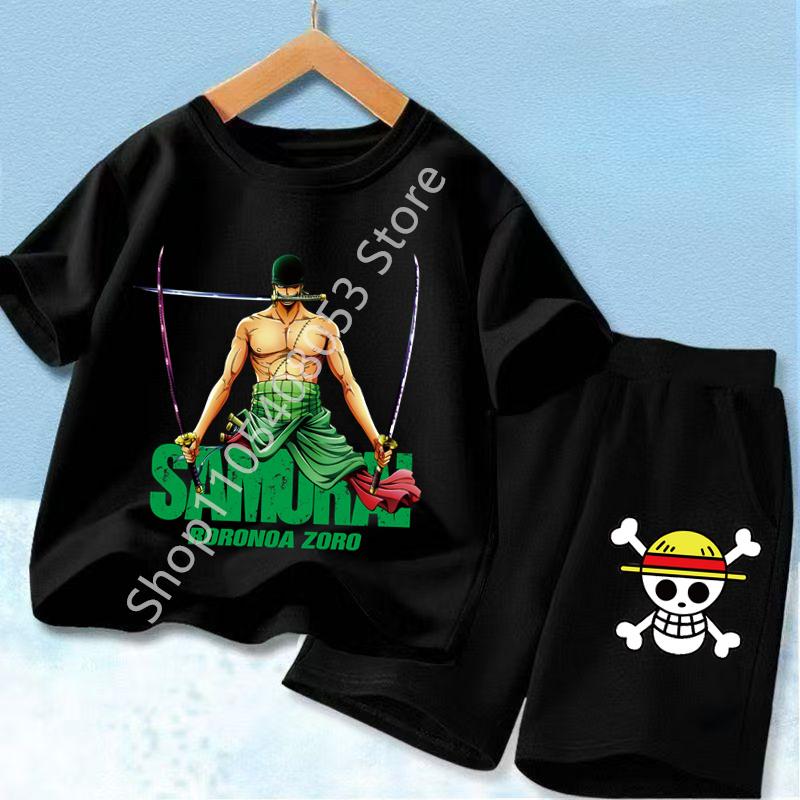 Summer Children Short Sleeve Clothes Set Anime Boy Girl T Shirt Shorts 2pcs One Piece Kids Outfit Chopper Luffy Tracksuit Suit