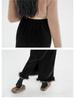 Black Velvet Fleece-Lined High-Waist Midi Skirt with Slit