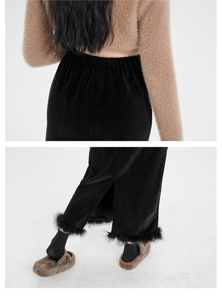 Black Velvet Fleece-Lined High-Waist Midi Skirt with Slit