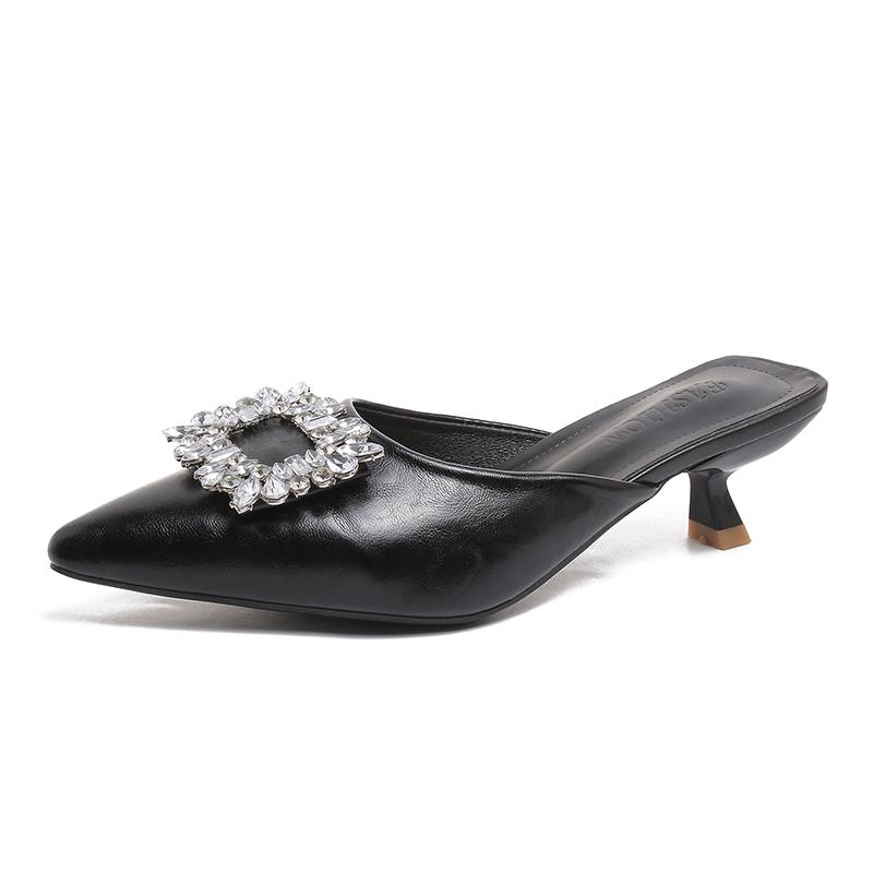 

Pointed Toe Shallow Slip Rhinestone Square Buckle Stiletto Heel Semi-drag Women s Non-Slip Wear-Resistant Wrapped 40 чёрный