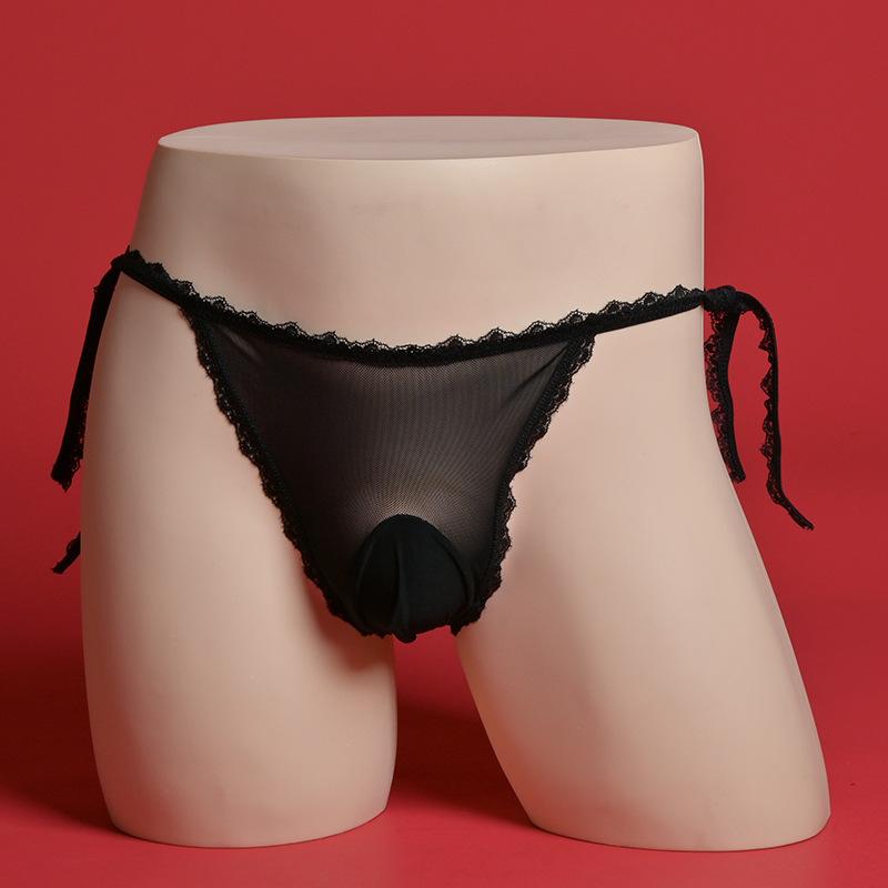 Large Men'S Mesh Sissy Pouch Panties Sexy Femboy Transparent Lingerie Low Rise Lace Up Wasit Bikini Briefs Crossdress Underwear