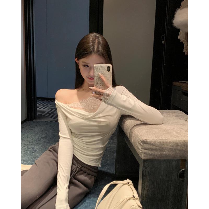 Pure & Sexy Lace Patchwork Slimming Long Sleeve Women's Top