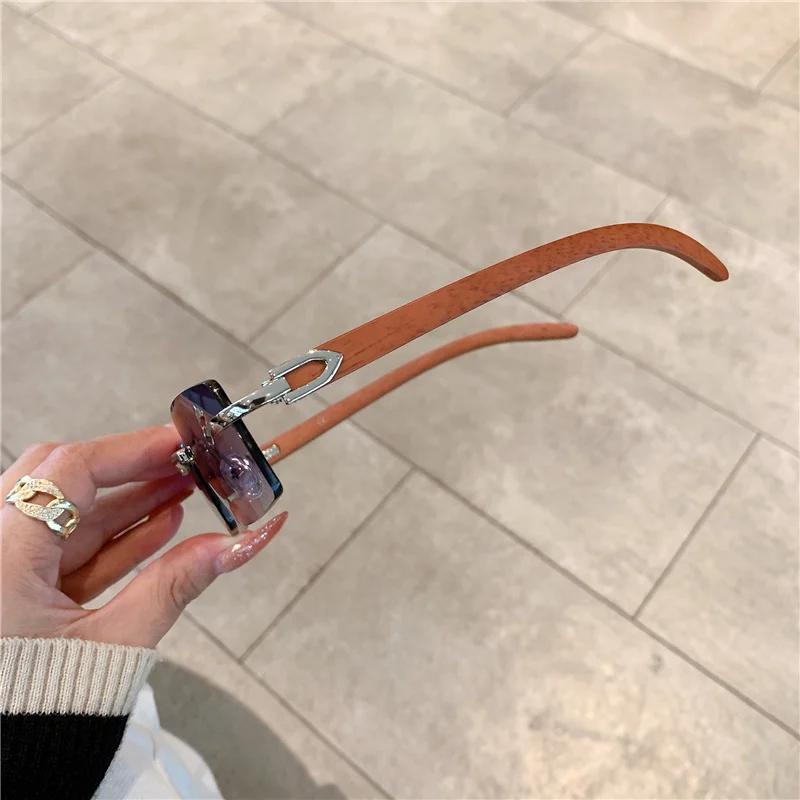 Rimless Sunglasses for  Women Wooden Pattern Luxury Brand Retro Sun Glasses Fashion Shades UV4 Travel Outdoor Gafas De Sol
