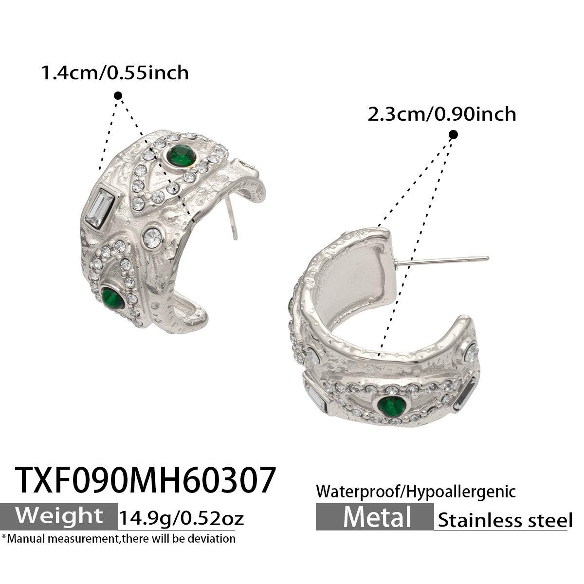 Geometric C-Shaped Earrings with Turquoise Rhinestones, High-Quality Stainless Steel