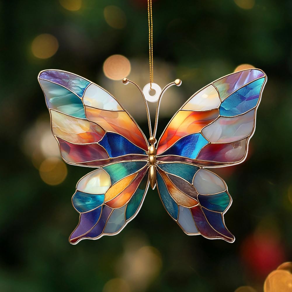 Stained Glass Butterfly Ornament Acrylic – Colorful Suncatcher Window Hanging Glass Butterfly Decoration for Christmas Tree