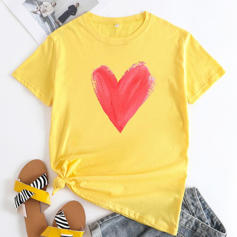 Summer women's plus size heart-shaped printed pure cotton loose round neck short sleeved T-shirts Women's