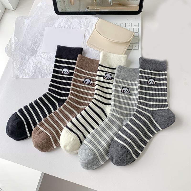 Striped Cotton Crew Socks with Cute Panda Embroidery for Women and Teens Korean Preppy Student Middle Tube Socks Hosiery