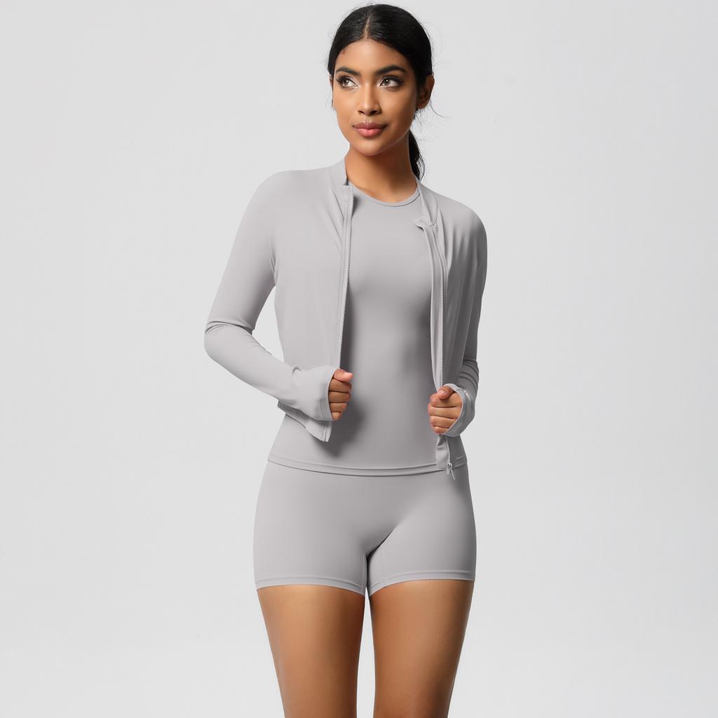 Naked Cardigan Jacket Round Neck Short Sleeved Three Piece Casual Yoga Running Fitness Suit Set For Women