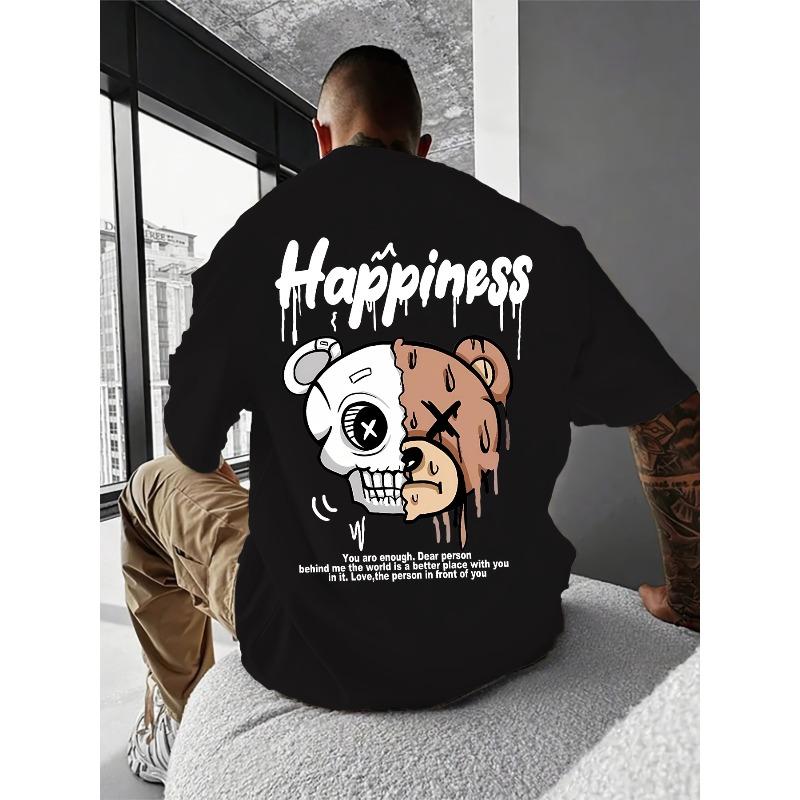 

European sizes Men s Summer Short Sleeve T-Shirt with Smiling Bear & Happiness Drip Print -Casual Round Neck Tee, Text Back Print Streetwear 4XL чорний