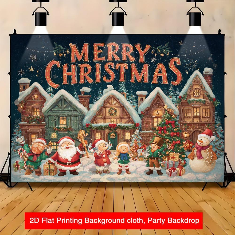 1 Piece, Christmas Holiday Village Scene Snowflake Background Fabric, Christmas Retro Photography Background