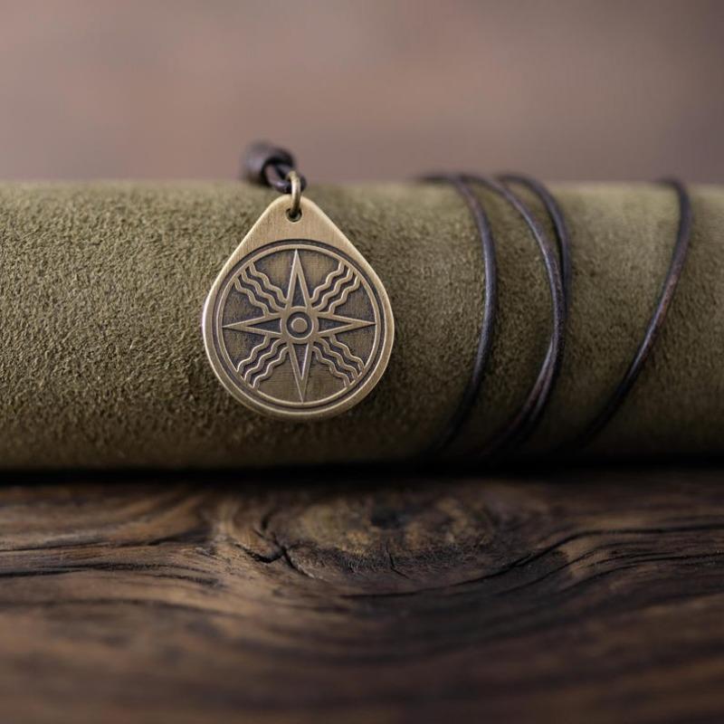 Seal of Shamash/Star of Shamash Necklace/Pendant. Made from Solid Brass with Adjustable/Sliding Leather Cord.