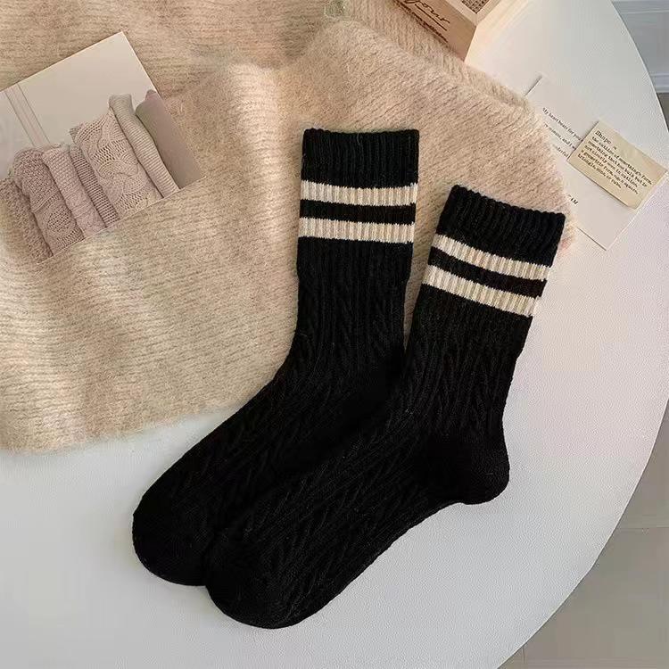 

Women s Preppy Two-Stripe Wool Mid-Calf Socks - Thick & Warm for Boots Universal Size