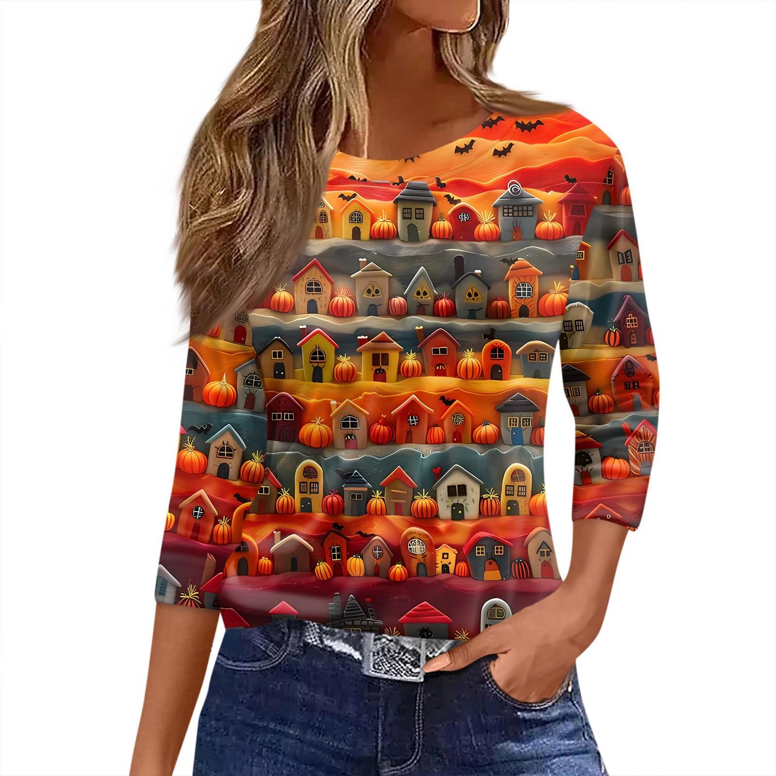 

Женская футболка с принтом на Хэллоуин, рукав 3/4, повседневная мода, базовая, с круглым вырезом, обычный топ M красный