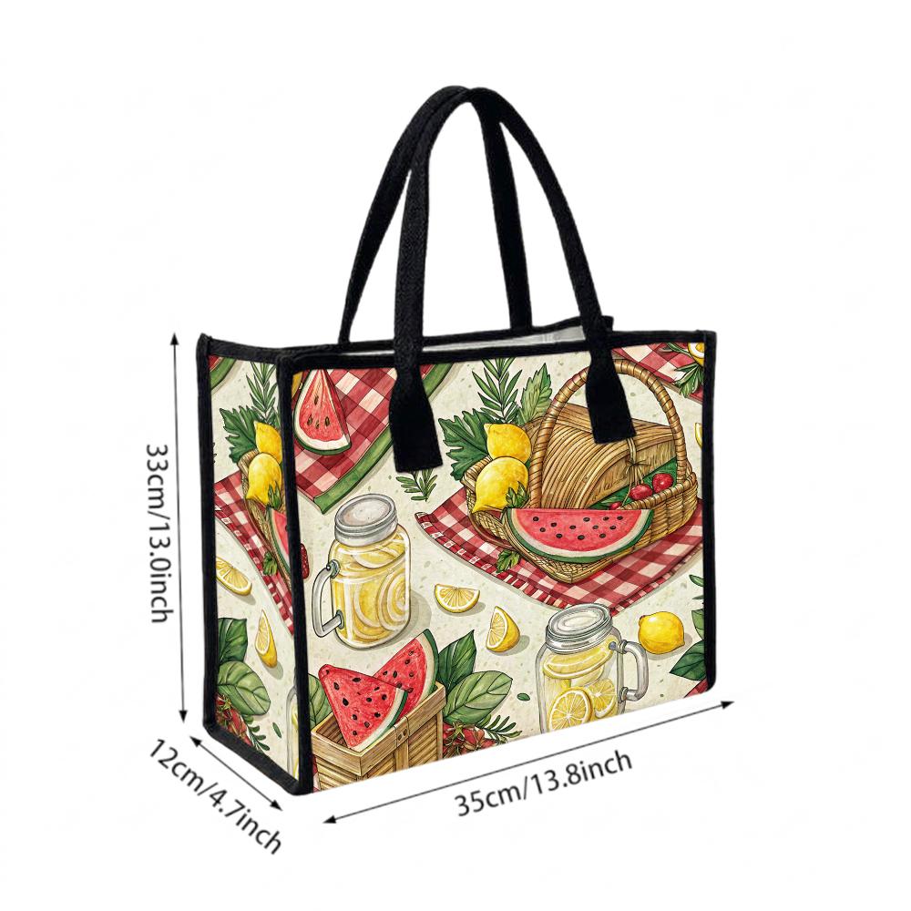 Summer Picnic Pattern Tote Bag Casual Daily Handbag Lightweight Shopping Carry Pouch for Outdoor