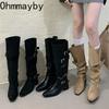 Winter Hottie Pleated Women Western High Boots Fashion Belt Buckle Slip On Shoes Concise Thick Heel Knight Long Booties