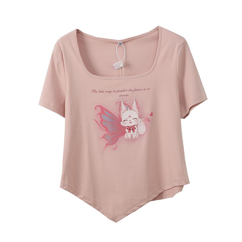 Large Size Women's Clothing Little Fox Printed Square Collar T-shirt Summer New Women's Sweet and Spicy Showing Thin Top 242396