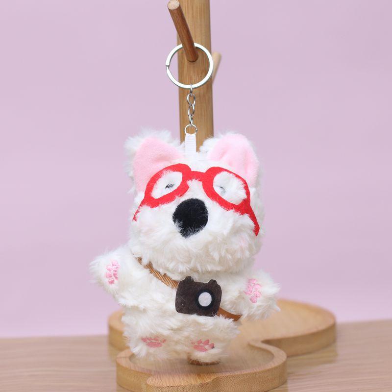 Cute West Highland White Terrier Plush Keychain With Glasses Fluffy Dog Pendant Bag Charm Accessory 12cm красный
