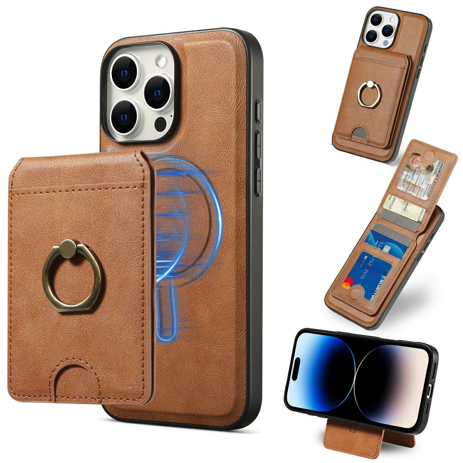 

For iPhone 14 Pro Magnetic Case PC+PU Phone Back Cover with Detachable Card Holder Brown