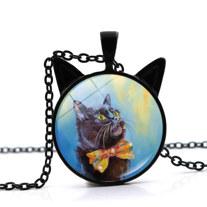 Van Gogh Starry Sky Starry Night Kitten Necklace Women's Versatile Black Cat Ear Pendant European and American