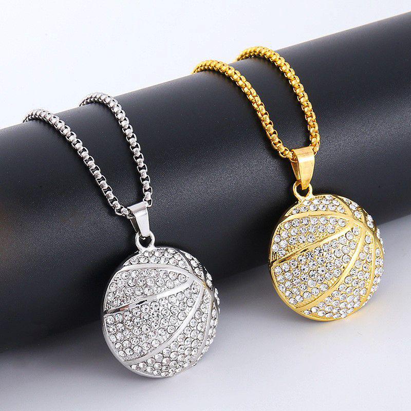 Men's Gold Diamond Basketball Pendant Necklace - Trendy Hip Hop Jewelry Accessory