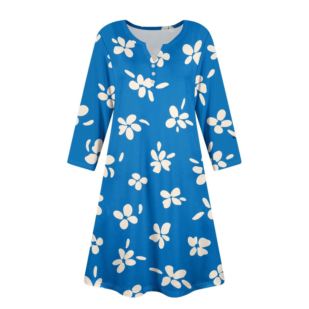 Women's Summer Dress Loose V Neck Three-quarter Sleeve Sundress With Pockets Dress