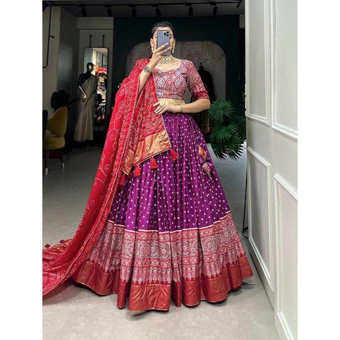 Kvinnes perfekt Kolleksjon Tussar Silke Lehenga Choli Patola Trykk med Foliearbeid ,Uferdig Bluse,