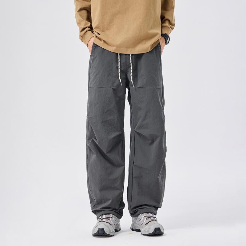 American fashion trendy brand elastic waist paratrooper pants boys solid color versatile loose wide leg drape casual straight-leg pants