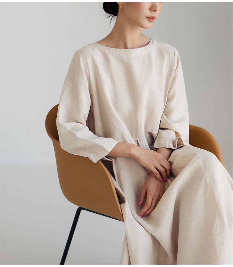 2024 Oversized Plus Size Cotton Linen Dress, Round Neck, Solid Color Swing Skirt - Japanese Korean Style