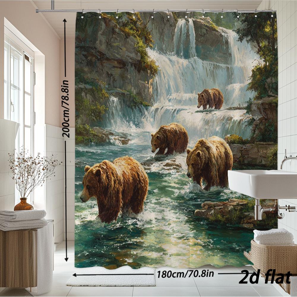 Grizzly Bear Waterfall Shower Curtain – 2D Flat, Realistic Wildlife Art, 12 Hooks, 70.8×70.8 In, Polyester, Machine Washable
