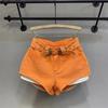 Women High Waist Double Belt Denim Shorts