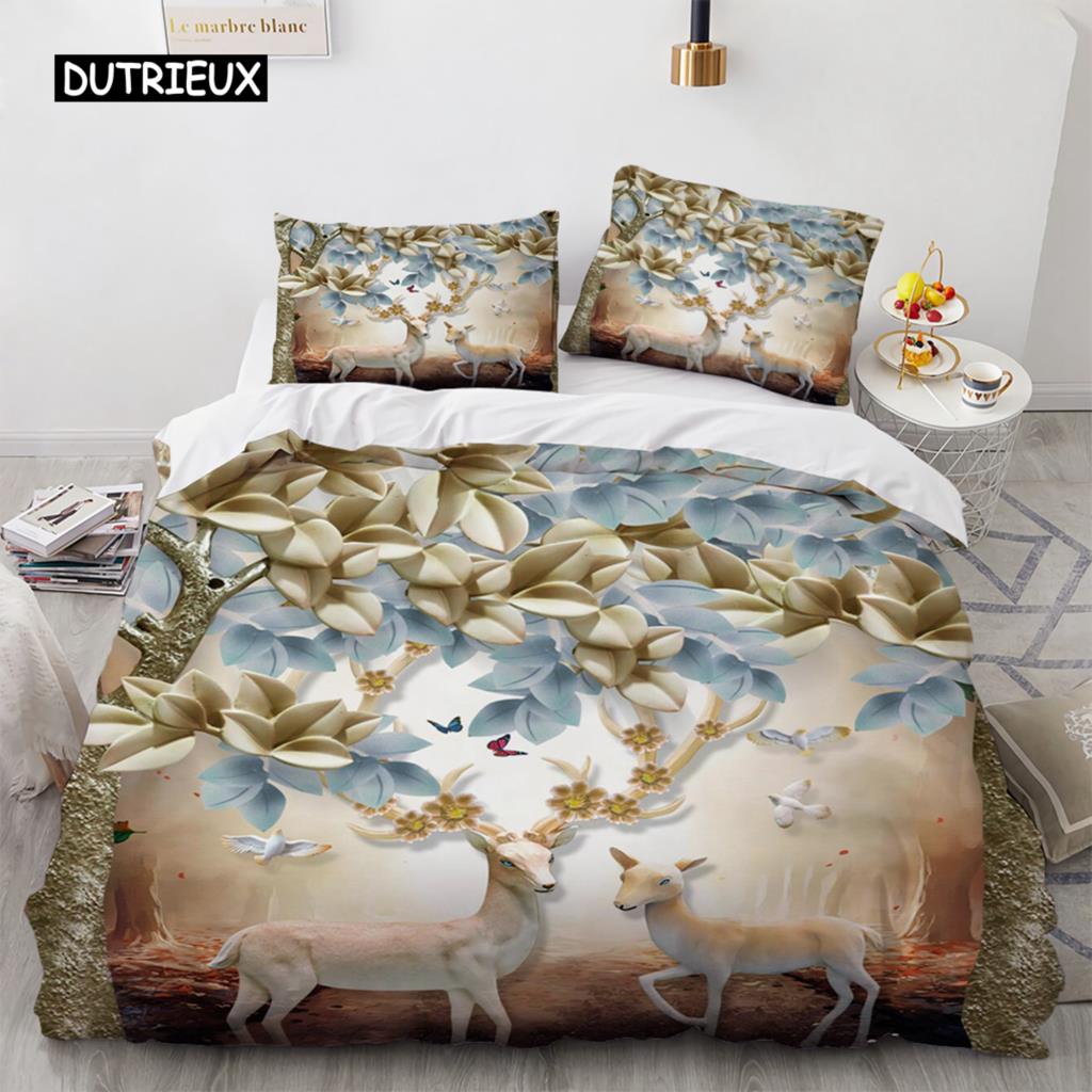 Funda Nórdica de Alce de Dibujos Animados Tamaño King Queen Patrón de Ciervo Dorado Juego de Cama para Adolescentes Adultos Funda de Edredón de Ciervo Salvaje con Funda de Almohada