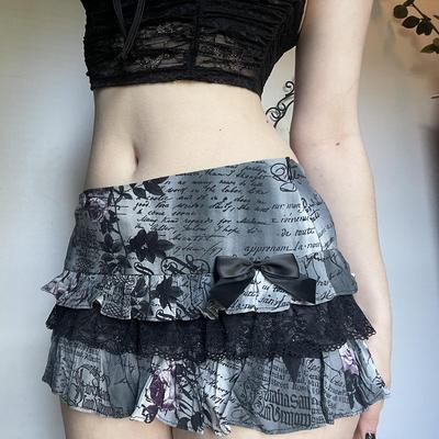 Y2k Gothic Miniskirt Womens High Street Ruffles Hem Mini Skirt Bowknot Lace Patchwork Tiered A-Line Skirts Harajuku Faldas