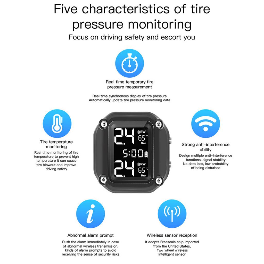 Motorcycle Wireless Tire Pressure Monitoring System USB Charging TPMS for Motorcycle with 2 External Sensors
