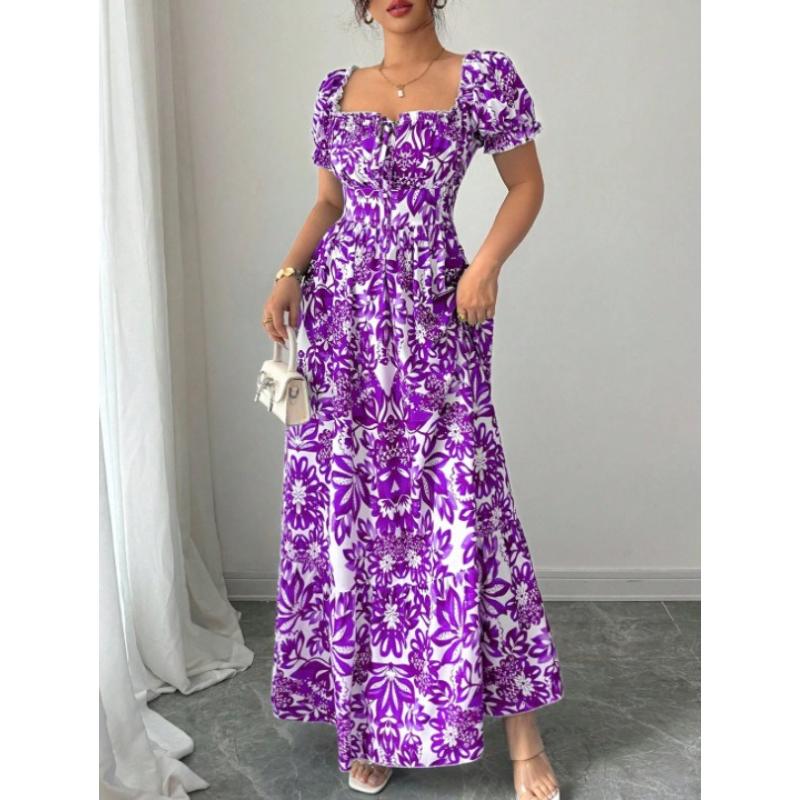 Ladies Floral Print Miniature Sleeve Waist-Cinching Maxi Hem Vacation Dress Elegant Sexy Commute Appropriate