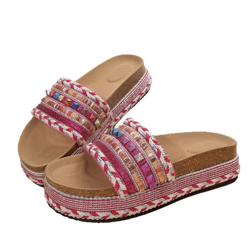 Fashion thick-soled slippers women's rivets hemp rope large size rhinestone beach slippers