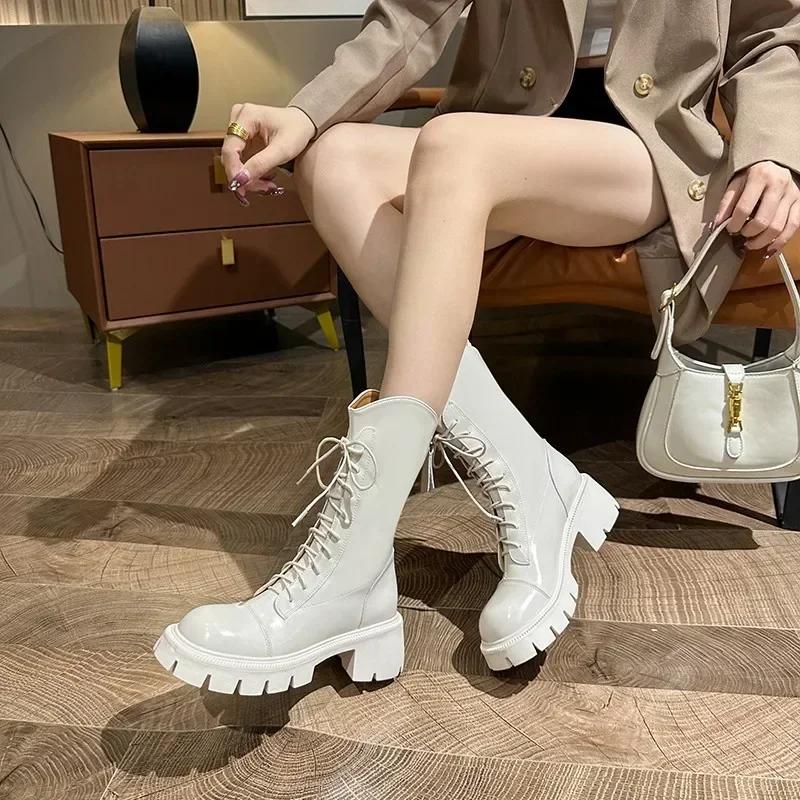Autumn New Style Women's Boots Lace Up Mid Follow Round Head Fang Hei Rubber Wear-resistant Sole Platform Shoes Outdoor Leisure