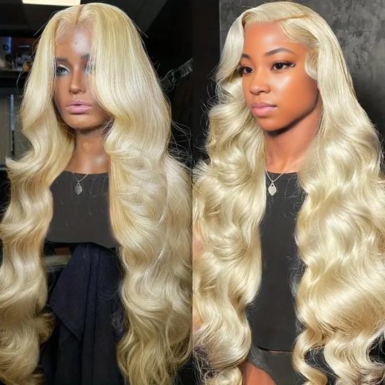 Women Long Curly Blonde Wig Middle Part Natural Looking Silky Heat-Resistant Ladies Girls Front Lace Big Wave Synthetic Hair