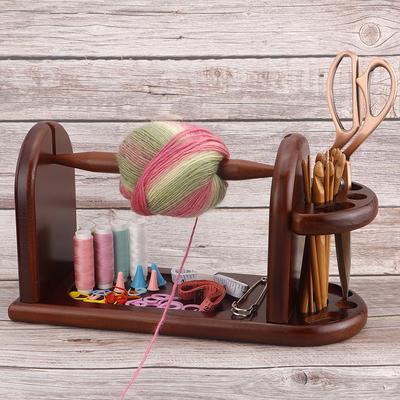 1pcs Burgundy Red Wooden Desktop Yarn Holder with Storage Rack- DIY Knitting & Crochet Wool Yarn Rotating Winder Organizer Stand